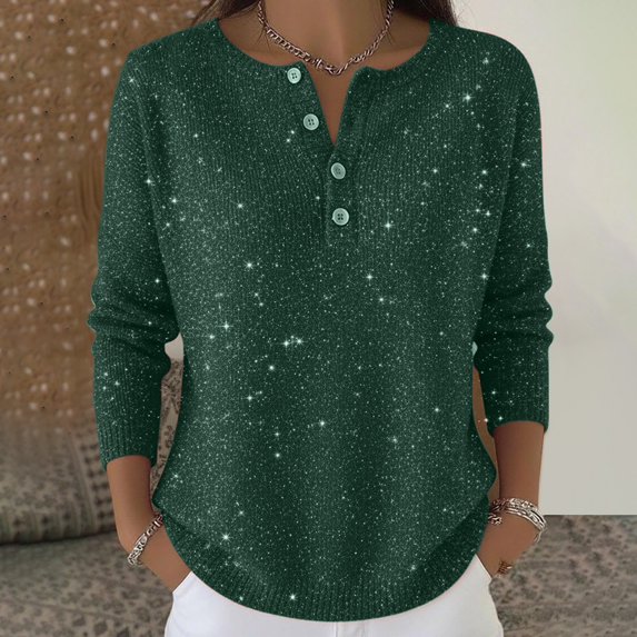 Only Moment Green Long Sleeve Knit Sweater Tops Crew Neck Button Up Long Sleeve Ribbed Knit Pullover,V Neck Lightweight Tops,Crochet Pullover Sweater,Outfits,Knit Tops XL