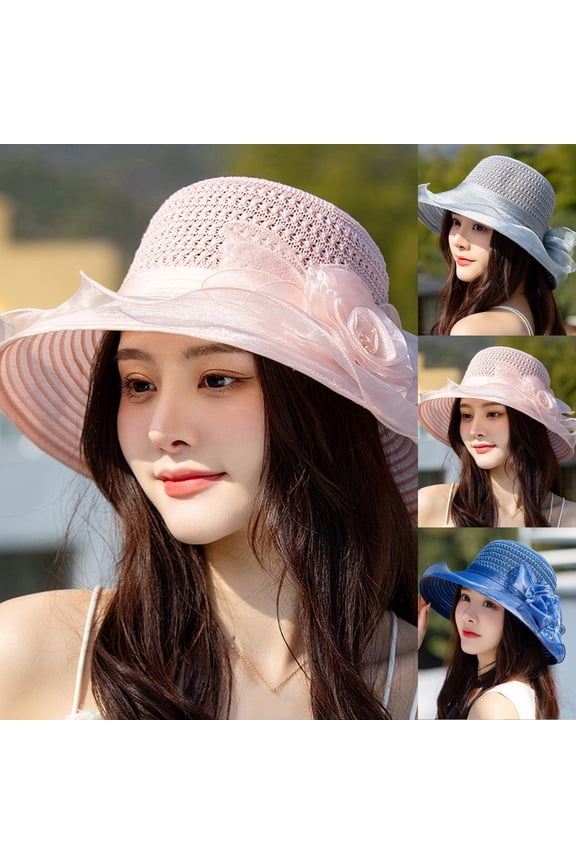 Grey Gardening Hat Wedding Bridal Flower Hat Polyester Foldable Packable Handmade Straw Hats Sun Protection Floppy Travel Essentials One Size