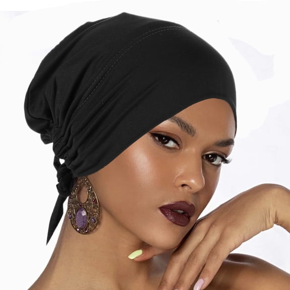 Only Moment Headwraps for Women Head Wraps for Black Women Polyester Soft Pre Tied Knot Pleated African Head Wraps Cancer Turban Cap Chemo Headwrap Head Wear Black,One Size
