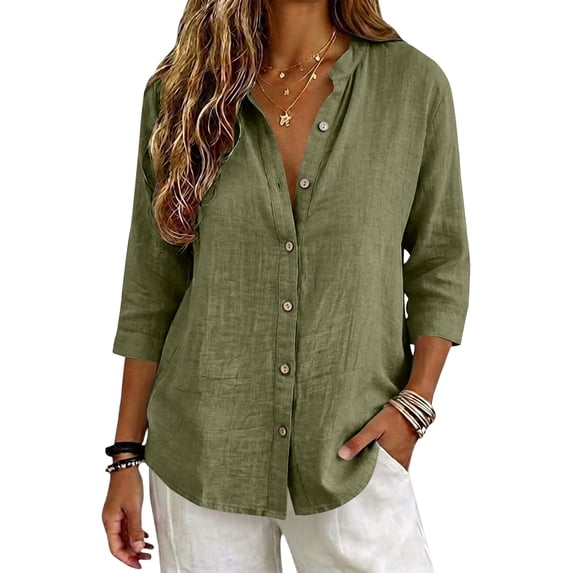 Only Moment Lightweight Soft Casual Shirts for Women 3/4 Sleeve V Neck Linen Casual Loose Long Sleeve Solid Lapel Long Blouses Tops with Pockets Green,M