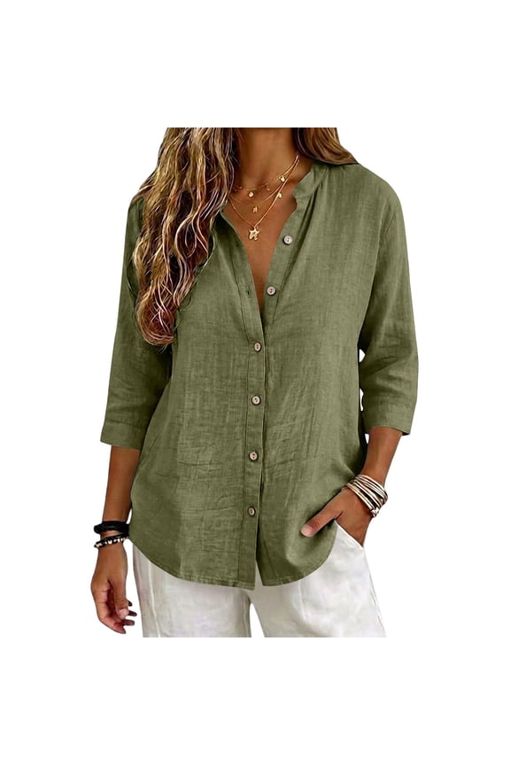 Lightweight Soft Casual Shirts for Women 3/4 Sleeve V Neck Linen Casual Loose Long Sleeve Solid Lapel Long Blouses Tops with Pockets Green,M