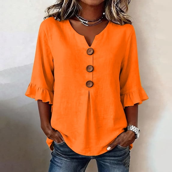 Only Moment Lightweight Soft Casual Shirts for Women 3/4 Sleeve V Neck Ruffle Sleeves Cotton and Linen Casual Loose Long Sleeve Solid Lapel Long Blouses Tops with Pockets Orange,S