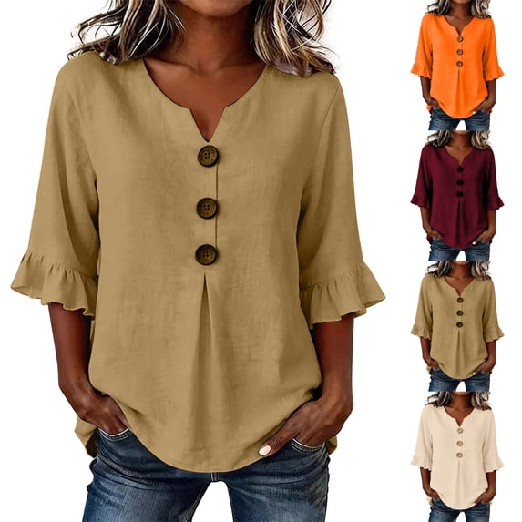Only Moment Lightweight Soft Casual Shirts for Women 3/4 Sleeve V Neck Ruffle Sleeves Cotton and Linen Dressy Collared Shirts Trendy Business Casual Work Blouses Vacation Outfits 2026 Wine,S