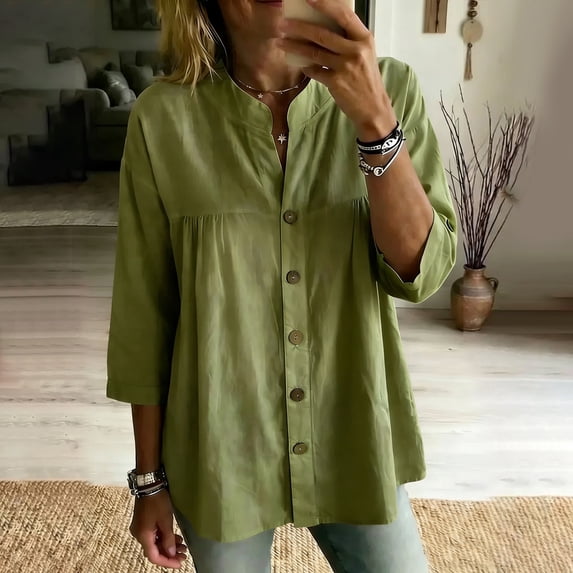 Only Moment Lightweight Soft Casual Shirts for Women 3/4 Sleeve V Neck Wash Cotton Blouses Dressy Casual Work Shirt 2026 Summer Spring Fashion Clothing Green,XL