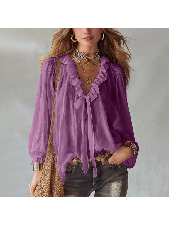 Lightweight Soft Casual Shirts for Women Long Sleeve V Neck Ruffle Neck Chiffon Dressy Collared Shirts Trendy Business Casual Work Blouses Vacation Outfits 2026 Purple,M