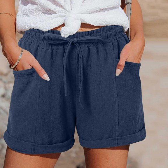 Only Moment Linerless Relaxed Casual Shorts for Women Cotton and Linen/Wash Water Wrinkled Cloth High Waisted for Lounge Athletic Golf with Pockets Swim Shorts Women Dark Blue,S