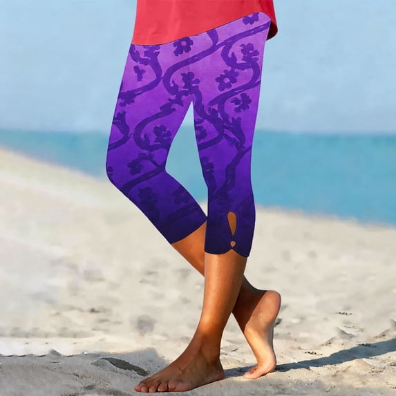 Only Moment Long Shorts for Women Trendy Polyester,Spandex Floral Printed Shorts Ankle Golf Pants Pull On Business Casual Travel Dress Pants with Pockets Yoga Shorts Dark Purple,2XL