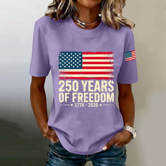 Only Moment Outdoor Casual Tee Crew Neck Short Sleeve 4th of July Short Sleeve Patriotic T-Shirt Memorial Day Graphic Tee Independence Day Tops Light Violet,XL