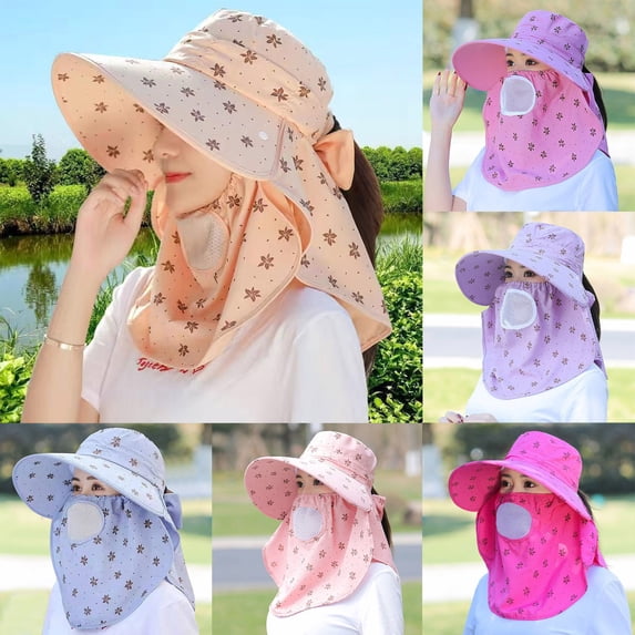 Only Moment PP1 Fishing Hiking Outdoor Safari Hats with Detachable Face Mask Polyester Wide Brim Ponytail Beach Sun Protection Breathable Cotton Summer Hat One Size