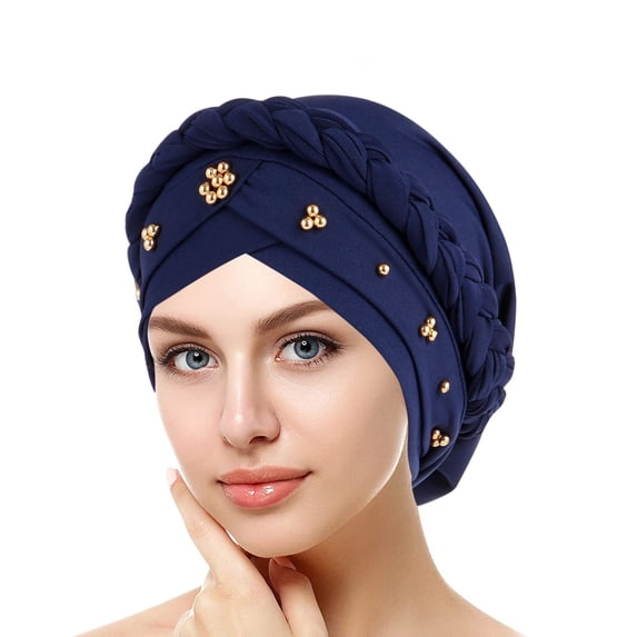 Only Moment Pre Tied Head Scarf for Women Cancer Chemo Beanies Bandana Headwrap Cap Polyester Beanie Twist Headscarf Pre-Tied Twisted Braid Headwraps for Women Chemo Cancer Cap Navy,One Size