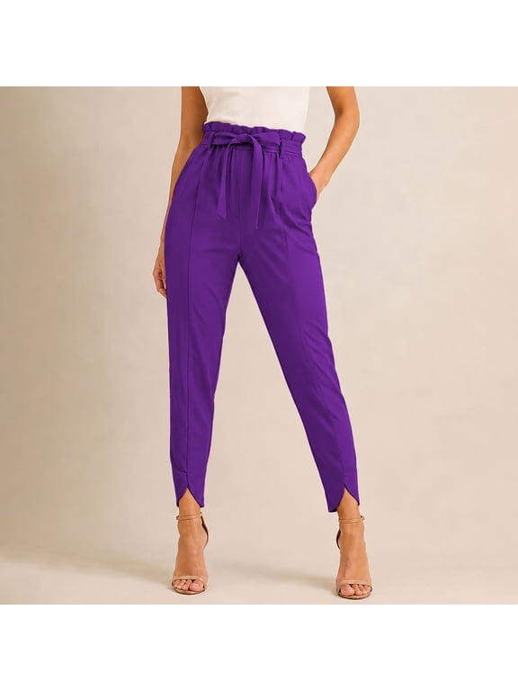Purple Pants Women Business Casual Slack Trousers,Flowy Pleated Palazzo Pants,with Pockets,Professional Interview Outfits,Office Work Clothes Slim S
