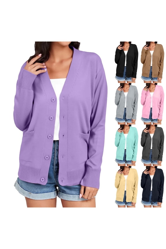 Purple Womens Long Sleeve Shirt Women'S Lightweight Button Up Cardigan Crew Neck Loose Fit Tunic Tops dressy casual Crew Neck Pullover Sweaters fall Outfits Clothes S/M