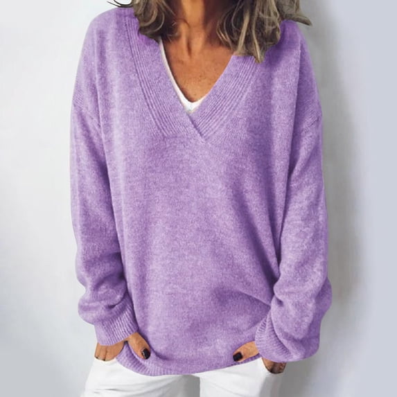Only Moment Purple Womens Sweaters V Neck Cropped Sweater, Winter Clothing, Long Sleeve Dressy Top, Business Casual Outfit, Pullover Sweater, Early Fall Fashion M