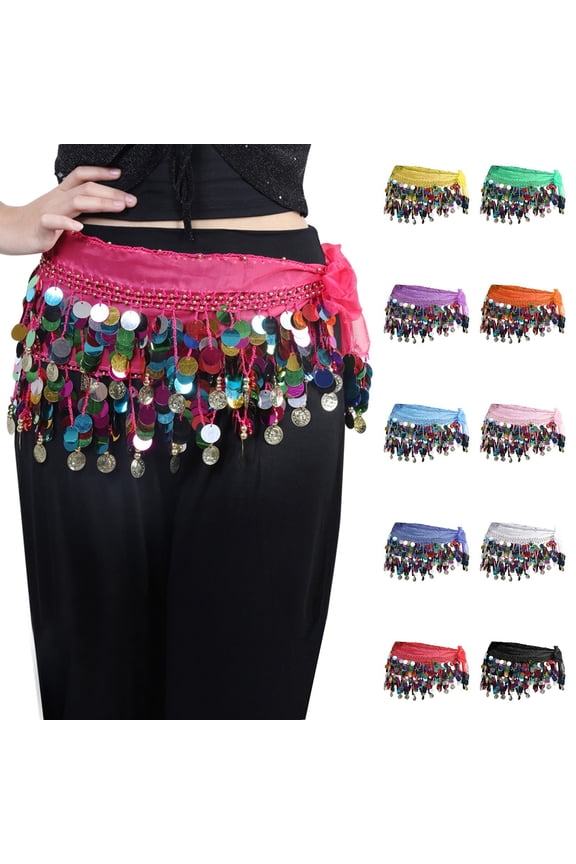 Rd1 Sequin Shiny Tassel Belly Dance Hip Scarf Women's Belly Dance Hip Scarf Chiffon Belly Dancing Skirt Wrap Set Bling Sequins Performance Costume Accessories Waist Chains One Size