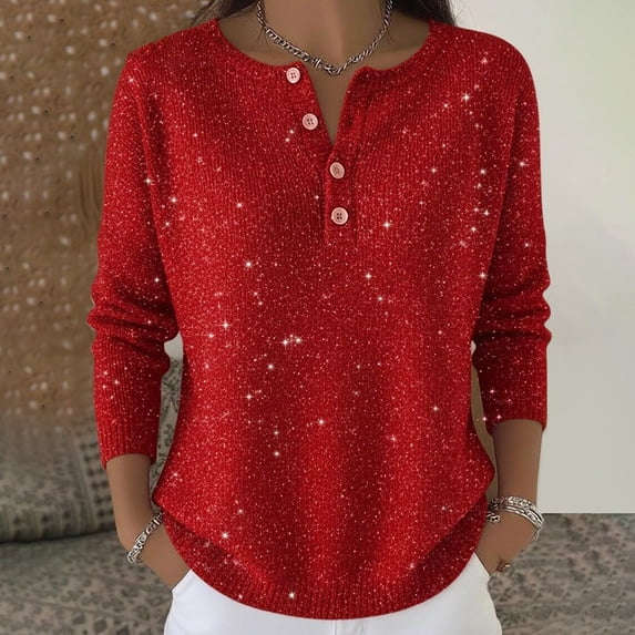 Only Moment Red Long Sleeve Shirts for Women Crew Neck Button Up Soft Fuzzy Sweater, Warm Chunky Long Sleeve Pullover,Winter Clothing,Casual Loose Fit, Work Travel All-Day Wear M