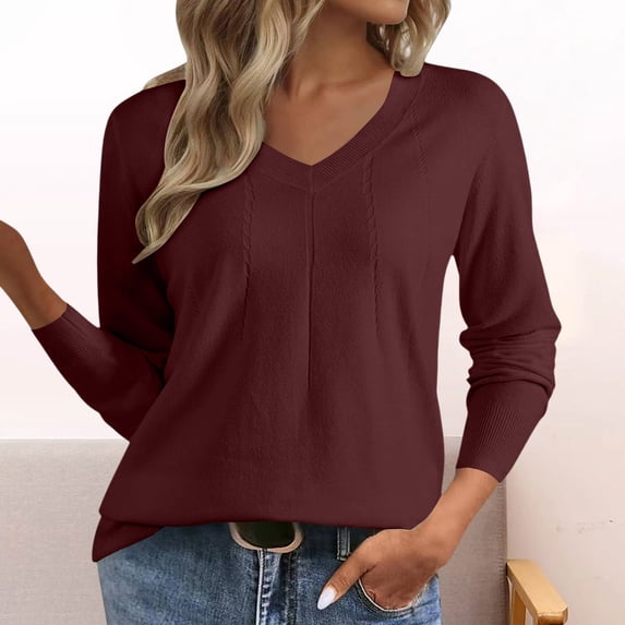 Only Moment Red Women's Fall Long Sleeve Lightweight Sweaters Top V Neck Soft Basic Knit Pullover,2026 Fall Fashion Outfits,Casual Work Top,Travel Vacation All Day Wear,Winter Layer Clothes S