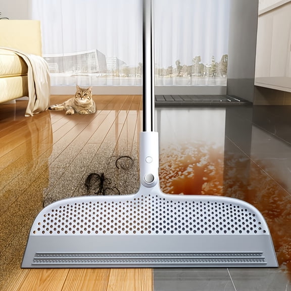 Moment Ritual 2-in-1 Floor Squeegee Broom with Flexible Brush Head for Pet Hair, Water, Tile, Glass & Windows, Gray