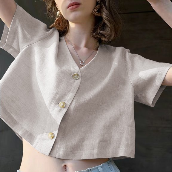 Only Moment Short Sleeve Shirts for Women Short Sleeve V Neck Cropped Blouse Cotton and Linen Loose Roll Up Collared Shirt Casual Summer Tops with Pockets Summer Tops for Women Beige,L