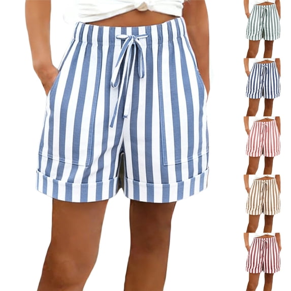 Only Moment Shorts for Women Trendy Cotton Striped Shorts Summer Casual Loose Elastic Waist Drawstring Lace Boho Beach Cover Up Shorts Spandex Shorts Wowomen Light Blue,S