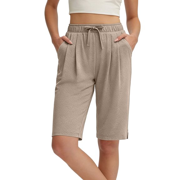 Only Moment Shorts for Women Trendy Polyester,Spandex,Cotton with Pockets High Waisted Stretch Shorts for Women Summer Walking Womens Shorts Athletic Khaki,2XL