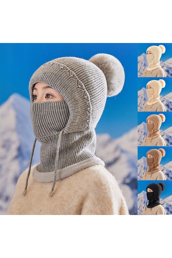 Slouchy Beanies for Women Beige Hooded Scarf Hat Knit Balaclava Women Polyester fiber Winter Hats Ear Covers for Men Women-Warm Daily Headwear One Size