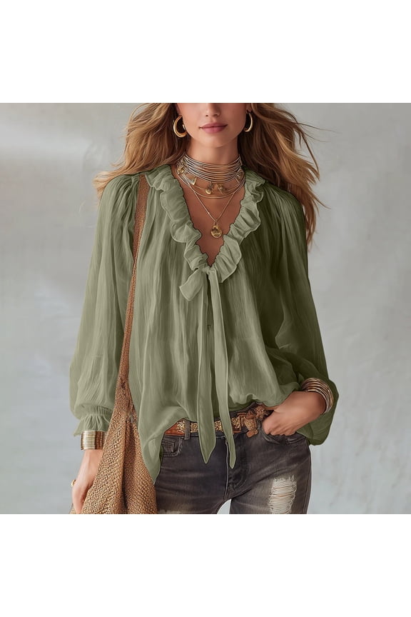Spring Tops for Women Long Sleeve V Neck Ruffle Neck Chiffon Spring Fall Casual Button Up Crop Blouses Sexy Lapel Tops with Pocket Green,S