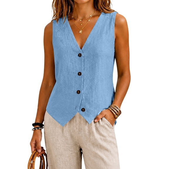 Only Moment Summer Tops for Women V Neck Tank Tops for Women Button Closure 65% Linen and 35% Cotton Fiber Sleeveless Ribbed Tank Casual Basic Thick Strap Slim Fitted Racerback Shirts Light Blue,L