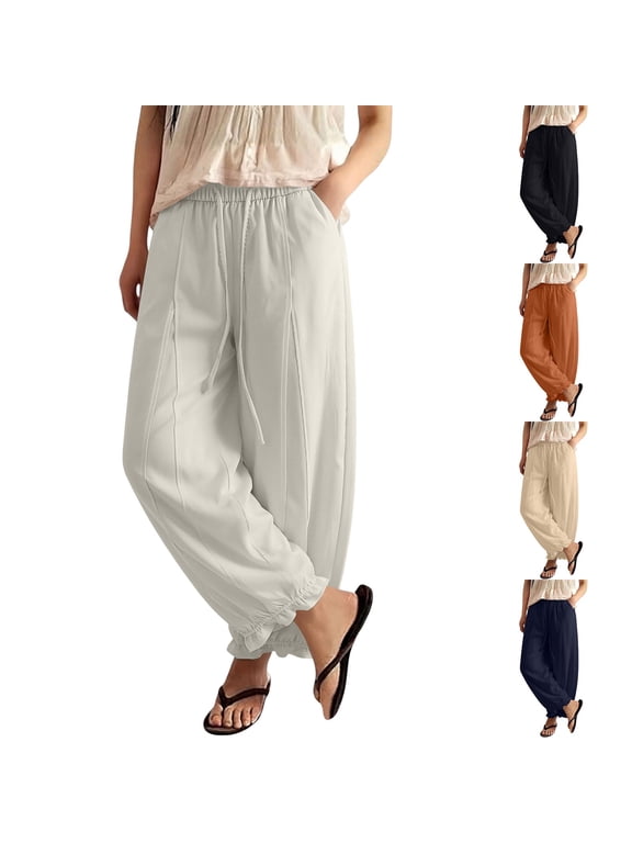 Trendy Ruffle Flare Pant Legs Design Linen Pants Elastic Waist Pants Casual Loose Drawstring Summer Beach Travel Vacation Palazzo Harem Pants with Pockets White,L