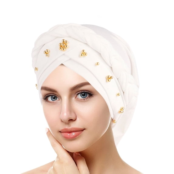 Only Moment Turban Headbands for Women Stretch Turban Hats for Women Polyester Pre-Tied Twisted Turbans Head Scarf for Women Hair Wraps Cover Beanie Cancer Chemo Headwear White,One Size