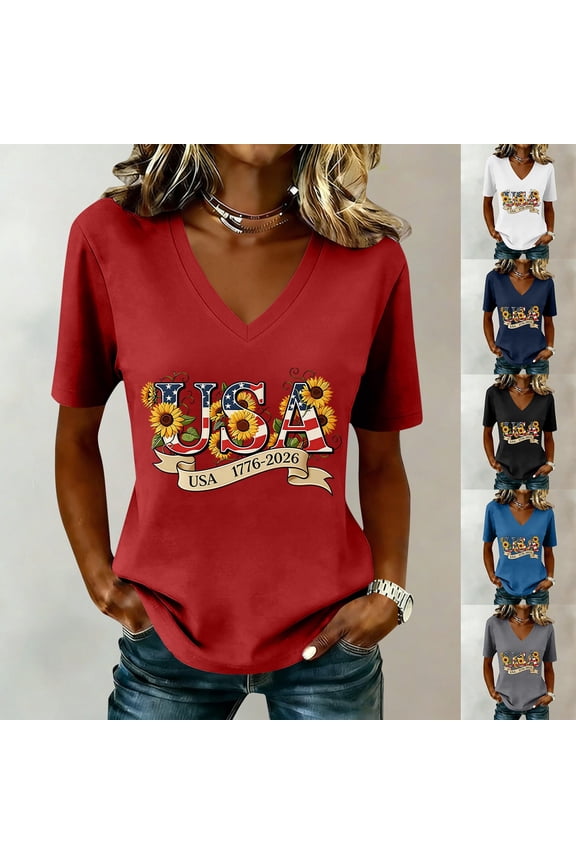 USA 250Th Anniversary Merchandise Women American Flag Print V Neck Polyester,Spandex,Cotton Casual American Flag USA Graphic Patriotic T-Shirt Memorial Tops Party Tee Blue,S