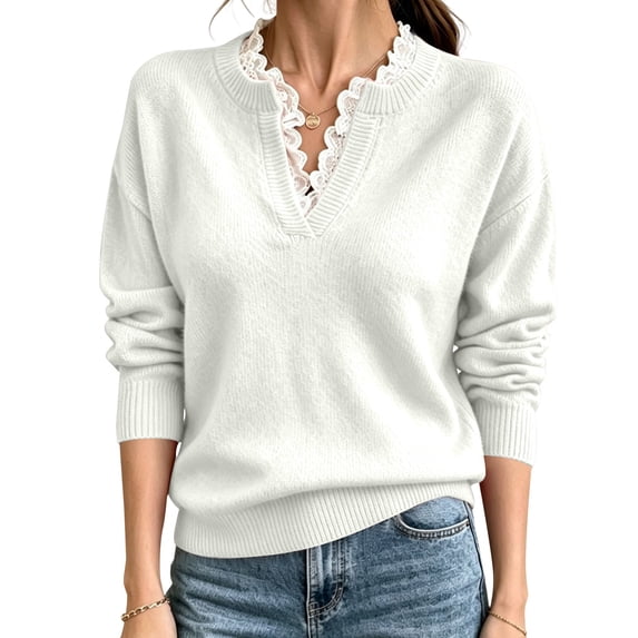 Only Moment White Women's Oversized Long Sleeve Pullover Sweaters V Neck Lace Trim 2026 Fall Winter Outfits,Lightweight Knit Pullover,Comfort Warm Tops,Fashion Clothing S
