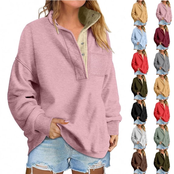 Only Moment Wine Womens Sweaters Long Sleeve Shirts Ladies' Button Pocket Fleece Lined Warm Sweatshirt Crew Neck Fall Fashion Tops Tunic Dressy Casual Sweater Clothes Cute Trendy Work Outfits 2026 L