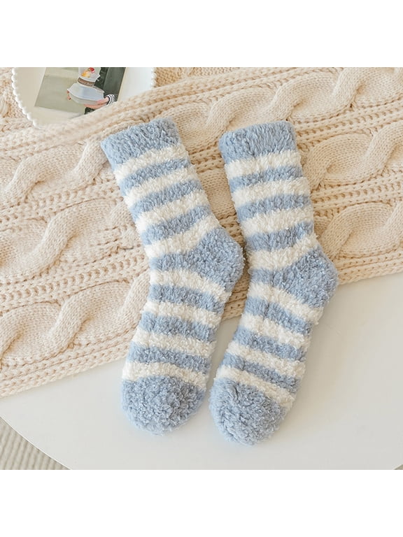 Winter Socks warm fuzzy socks for women polyester Soft Knee High Fluffy Warm Stocking Cozy Thermal Plush Leg Warmer Winter Christmas High Sock for Ladies Blue One Size