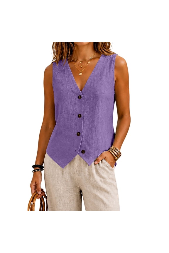 Women Tops Summer V Neck Sleeveless Sweater Tops for Women Button Closure 65% Linen and 35% Cotton Fiber Trendy Sleeveless Summer Tops Clothes Spring Outfits 2026 Dark Purple,S