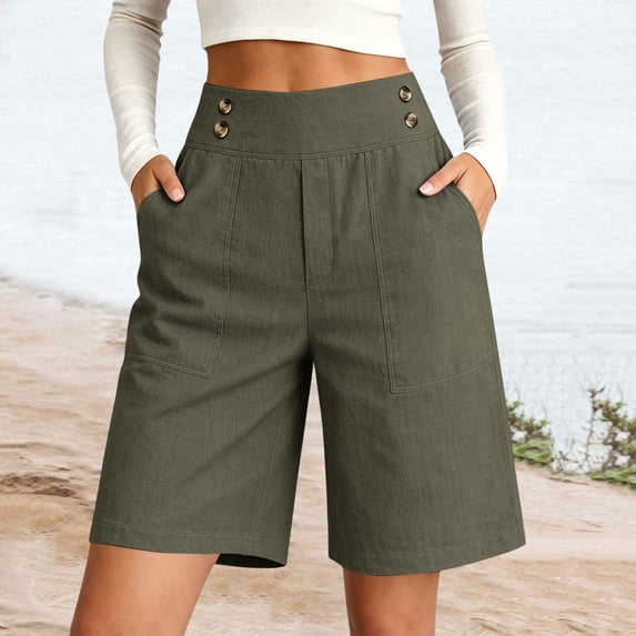 Only Moment Women's Casual Elastic Waist Lounge Shorts Bamboo Nodes Cotton Comfy Elastic Waist Drawstring Pocket Shorts Pants Cargo Shorts Army Green,3XL