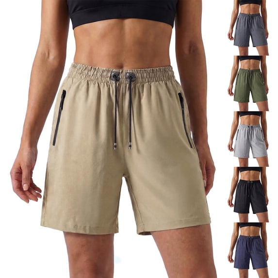 Only Moment Women's Summer Shorts Polyester Ice Silk with Pockets High Waisted Stretch Knee Length Shorts for Women Summer Walking Basketball Shorts Women Grey,L