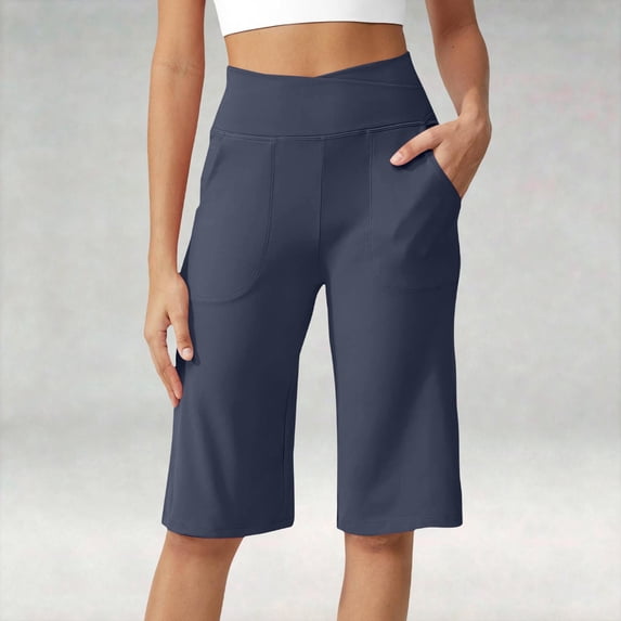 Only Moment Womens Knee Length Shorts Naked Soft Cotton Feel Fabric High Waisted Work Travel Pants with Pockets Stretchy Business Casual Slacks Yoga Shorts with Pockets Navy,L