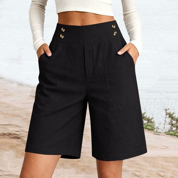 Only Moment Womens Lightweight Shorts Bamboo Nodes Cotton Hiking Cargo Bermuda Shorts Lightweight Knee Length Capris for Summer Travel Fishing Biker Shorts Black,XL