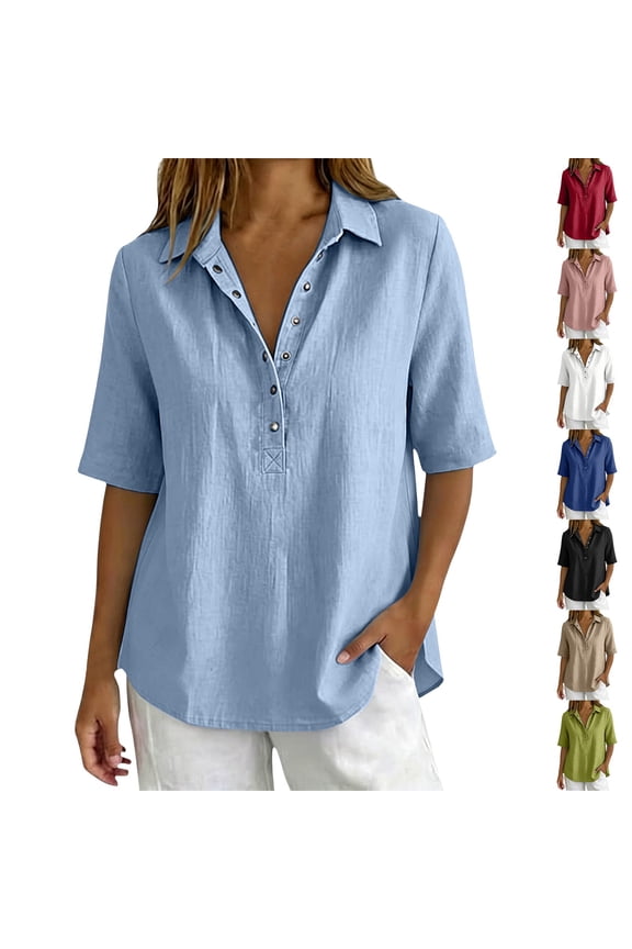 Womens Shirts Short Sleeve V Neck 100%Linen Short Sleeve Blouses Chiffon Tops Business Casual Outfits Summer Clothes Summer Shirts for Women Dark Blue,S