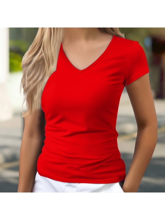 Womens Short Sleeve Tunic Top V Neck Compression Short Sleeve Crew Neck Running Yoga Gym Athletic Fitted Crop T-Shirts Top Cute Summer Tops Red,S