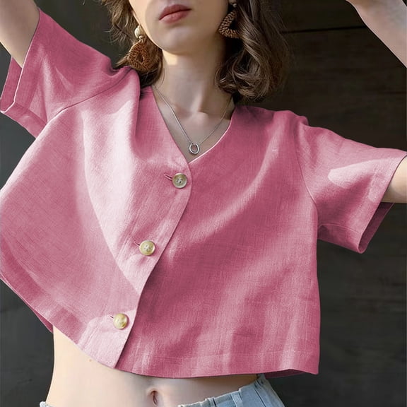 Only Moment Womens Summer Tops Short Sleeve V Neck Cropped Blouse Cotton and Linen Short Sleeve Dress Shirts Casual Summer Tops Blouses with Pockets Women Summer Tops Pink,XL