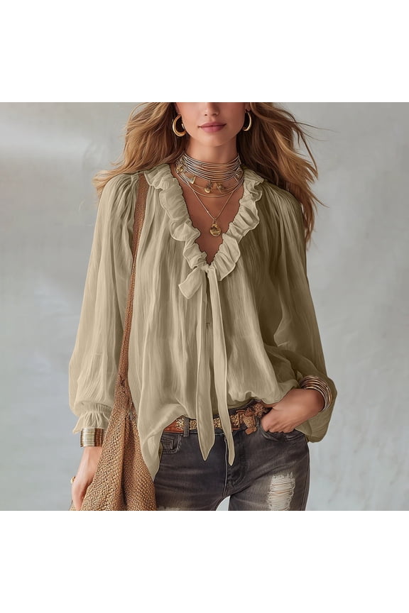 Womens Tops Long Sleeve V Neck Ruffle Neck Chiffon with Button Cuffs Dressy Casual Summer Outfits Early Fall Fashion Spring Clothes Khaki,S