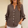 thumbnail image 1 of Only Moment Womens Tops Long Sleeve V Neck Ruffle Sleeves Cotton and Linen/Wash Water Wrinkled Cloth with Oversized Collar Slim Fit Blouse Elegant Stand Out Lapel Top Brown,XL, 1 of 9