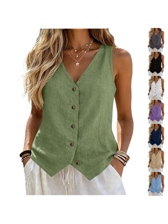 Womens Tops V Neck Tank Tops for Women Button Closure 65% Linen and 35% Cotton Fiber V Neck Ribbed Knit Slim Fitted Sleeveless Basic Tee Tanks Casual Summer Clothes 2026 Green,L