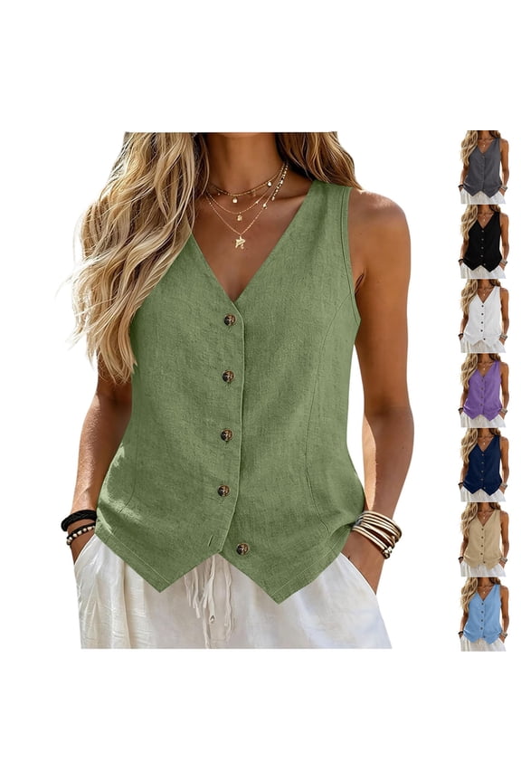 Womens Tops V Neck Tank Tops for Women Button Closure 65% Linen and 35% Cotton Fiber V Neck Ribbed Knit Slim Fitted Sleeveless Basic Tee Tanks Casual Summer Clothes 2026 Green,L