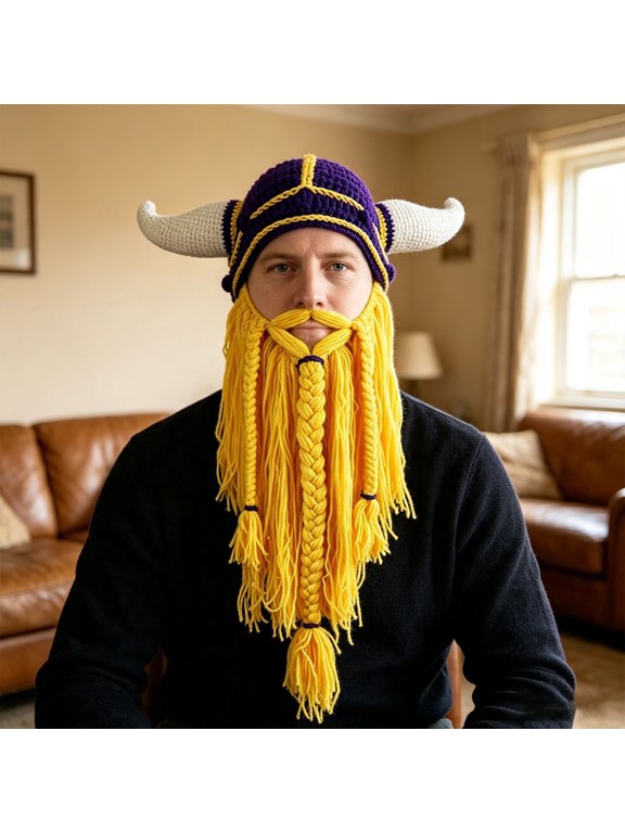 Yellow Creative Barbarian Knit Beard Hat blended fabric Original Handmade Knit Viking Horn Helmet and Removable Braided Brown/Black Beard 56