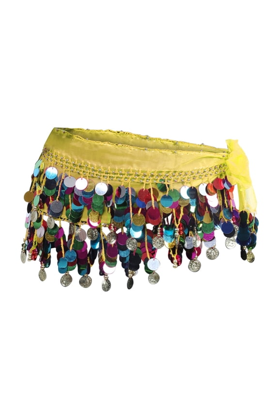 Yellow Women Belly Dance Hip Scarf Belly Dance Hip Scarf Chiffon Women's Sequins Tassel Wrap Genie Skirt for Bellydance Gypsy Costume One Size