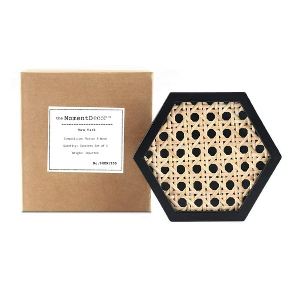 MomentDecor Unique Rattan Wood Coasters Hexagon Shape Set of 4 Exclusive 4.2" Size Classic Black Wood Natural Handwoven Real Rattan Stylish Decor Protect Surfaces
