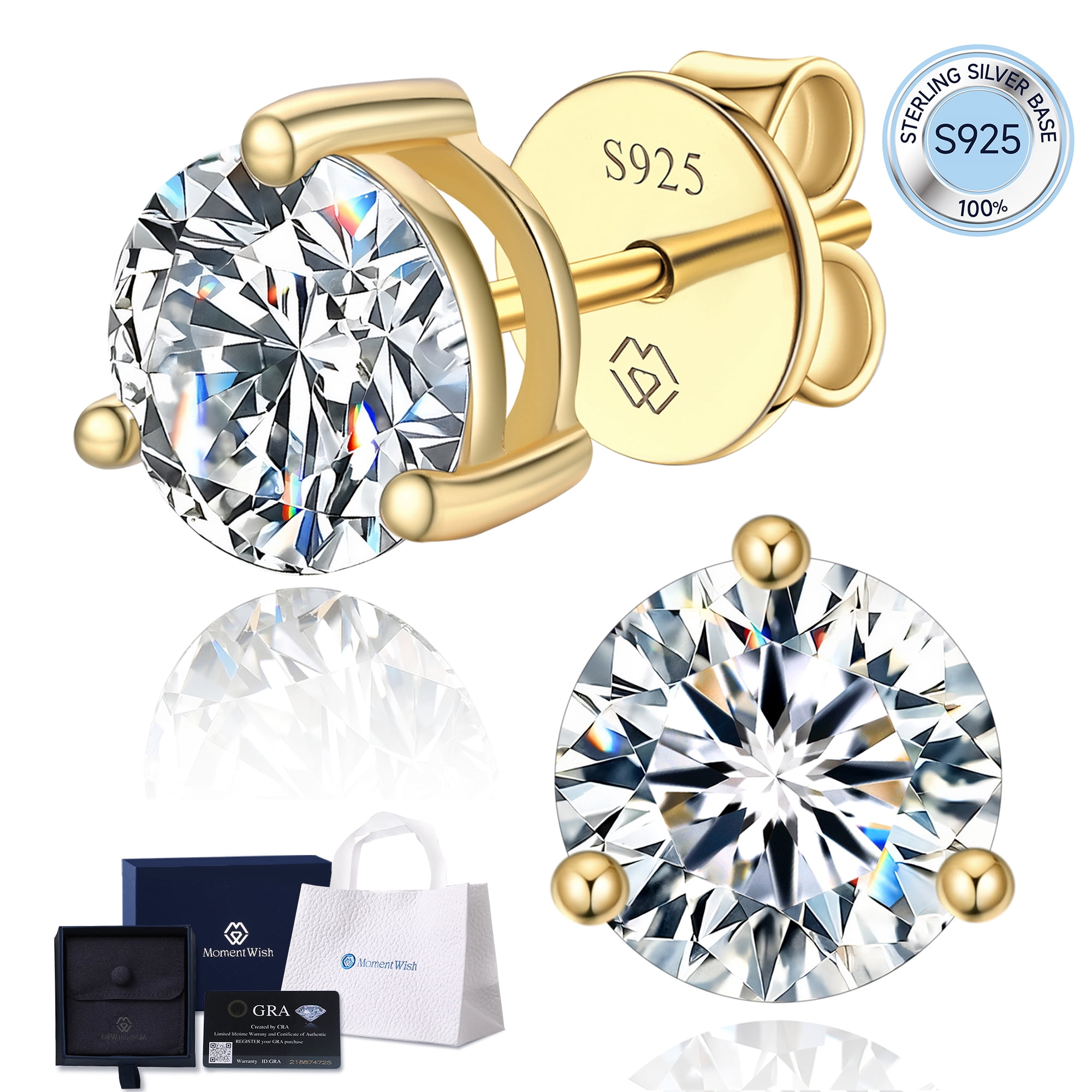 MomentWish 1 Carat Moissanite Earrings for Women 14K Gold Plated Solitaire Studs Graduation Anniversary Birthday Gift for Her