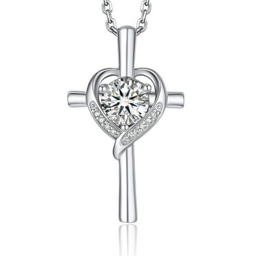 MomentWish 1 Carat Simulated Diamond Cross Necklace in 925 Sterling Silver Christian Birthday Jewelry Gifts for Her